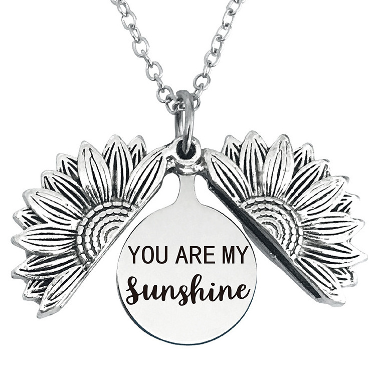 Vintage Inspirational Jewelry Stainless Steel Sunflower Necklace Locket with Engraved Hidden Message Pendant