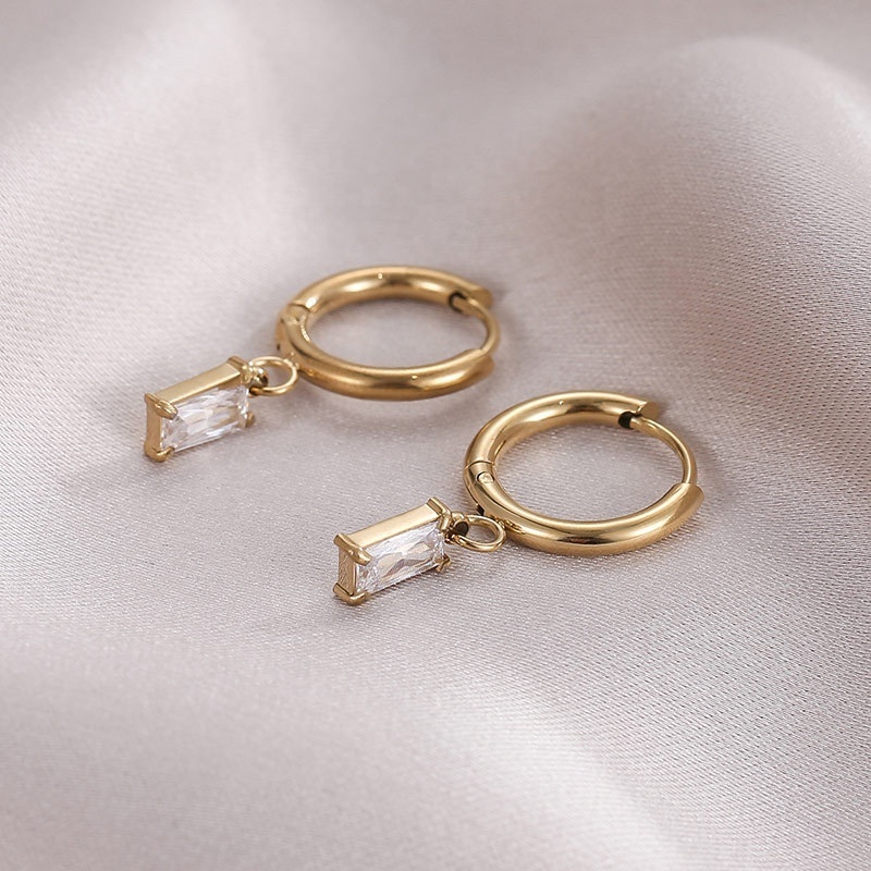 Fine Jewelry Gold Plated Stainless Steel Drop Hoop Earrings Square Cubic Zirconia Zircon Huggies Earrings