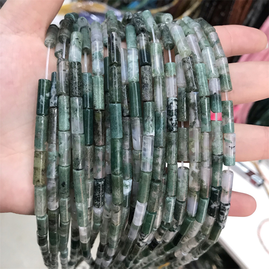 Hrui Rui Wholesale Natural moss agate 4*13mm Cylinder Tube Rectangular Beads Spacer Tube Spacer Cylindrical Beads For Jewelry