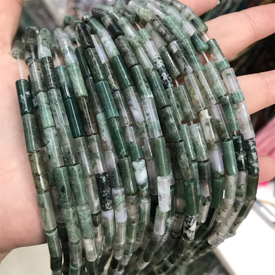 Hrui Rui Wholesale Natural moss agate 4*13mm Cylinder Tube Rectangular Beads Spacer Tube Spacer Cylindrical Beads For Jewelry