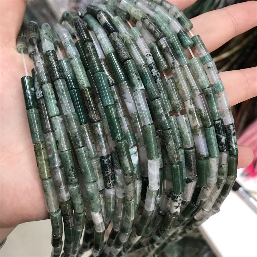 Hrui Rui Wholesale Natural moss agate 4*13mm Cylinder Tube Rectangular Beads Spacer Tube Spacer Cylindrical Beads For Jewelry