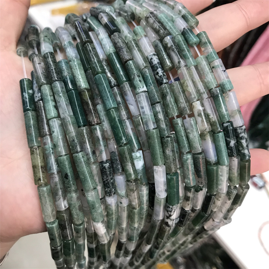 Hrui Rui Wholesale Natural moss agate 4*13mm Cylinder Tube Rectangular Beads Spacer Tube Spacer Cylindrical Beads For Jewelry