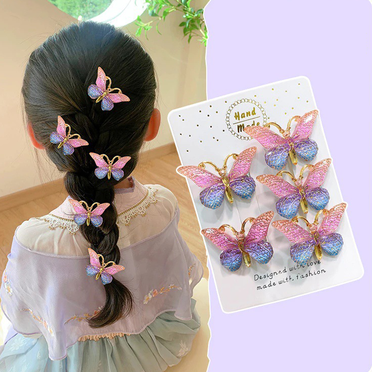 5PCS/SET Wholesale Korean Fashion Butterfly Hair Clip Colorful Rhinestone Butterfly Sweet Bobby Pins Hair Clips for Women Girls