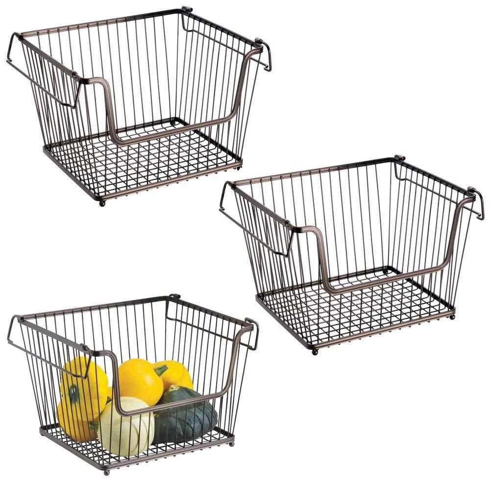 Modern Stackable Metal Storage Organizer Bin Basket with Handles, Open Front for Kitchen Cabinets, Pantry, Closets, Bedrooms