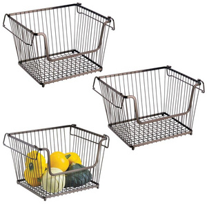 Modern Stackable Metal Storage Organizer Bin Basket with Handles, Open Front for Kitchen Cabinets, Pantry, Closets, Bedrooms