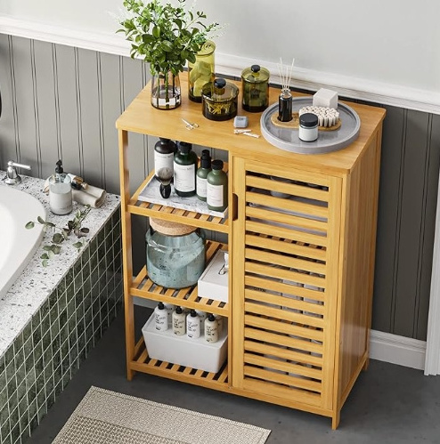 Bathroom Freestanding Floor Cabinet Bamboo Wooden Storage Organizer With Doors And 3 Side Shelves