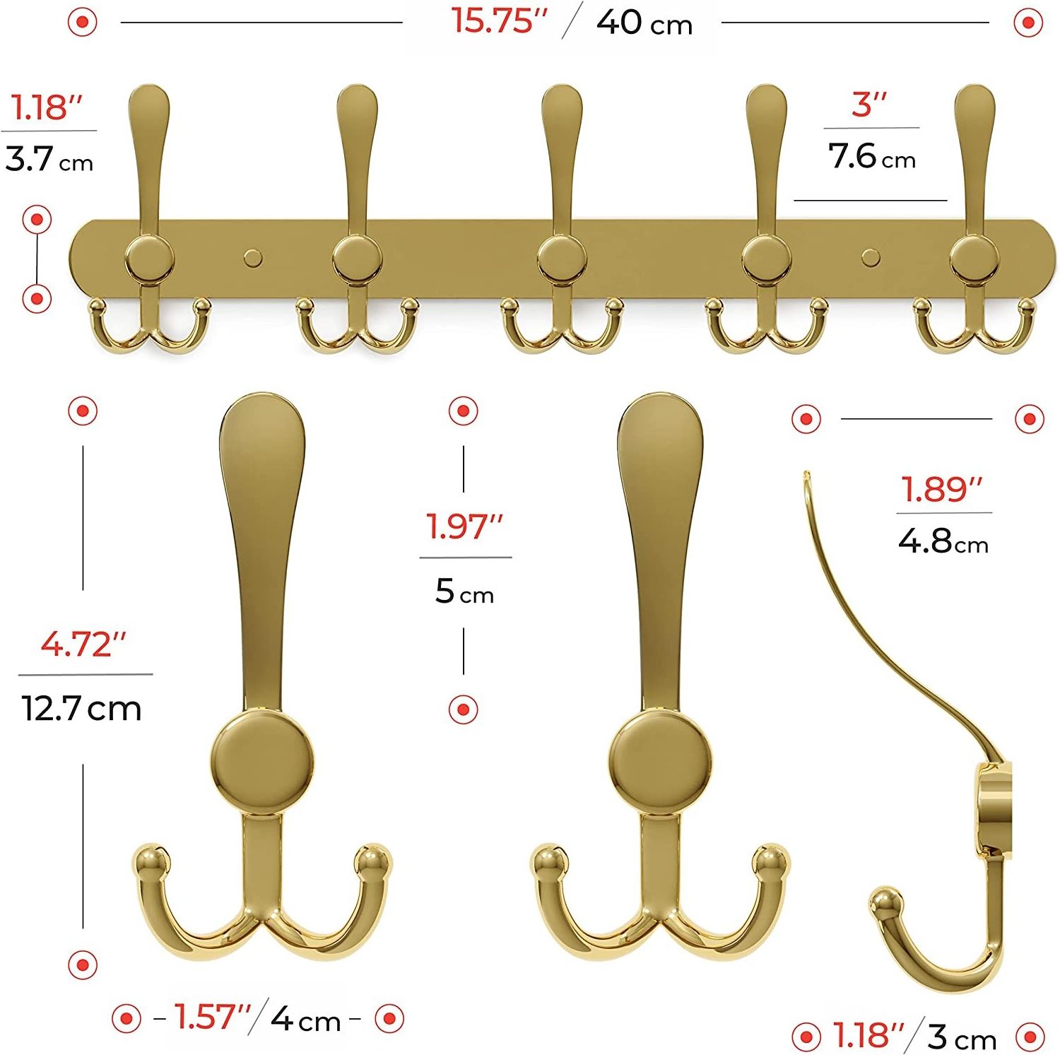 Wall Mounted Coat Rack with 5 Tri Hooks for Hanging - 16 Inch Waterproof SUS304 Stainless Steel Brass Finish Waterproof