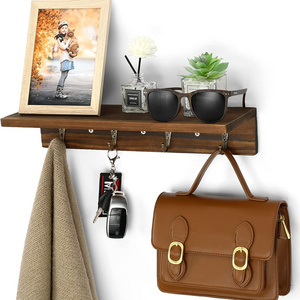 Wood Coat Rack Wall Mount with Shelf with 4 Vintage Metal Hooks and Upper Shelf for Storage