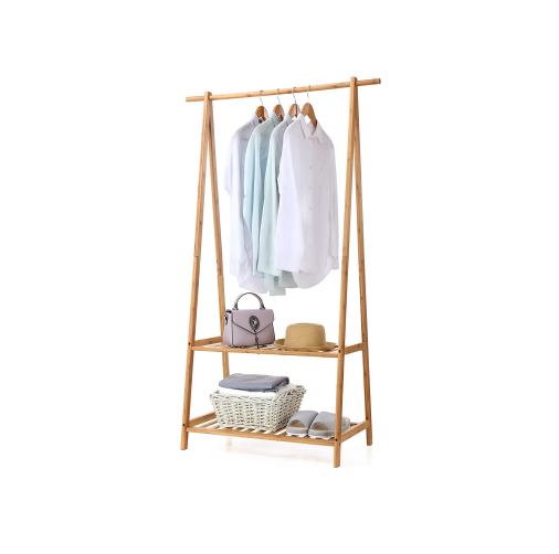 Bamboo Clothes Rack Portable Extra Large Garment Rack 2-Tire Storage Box Shelves for Entryway and Bed Room