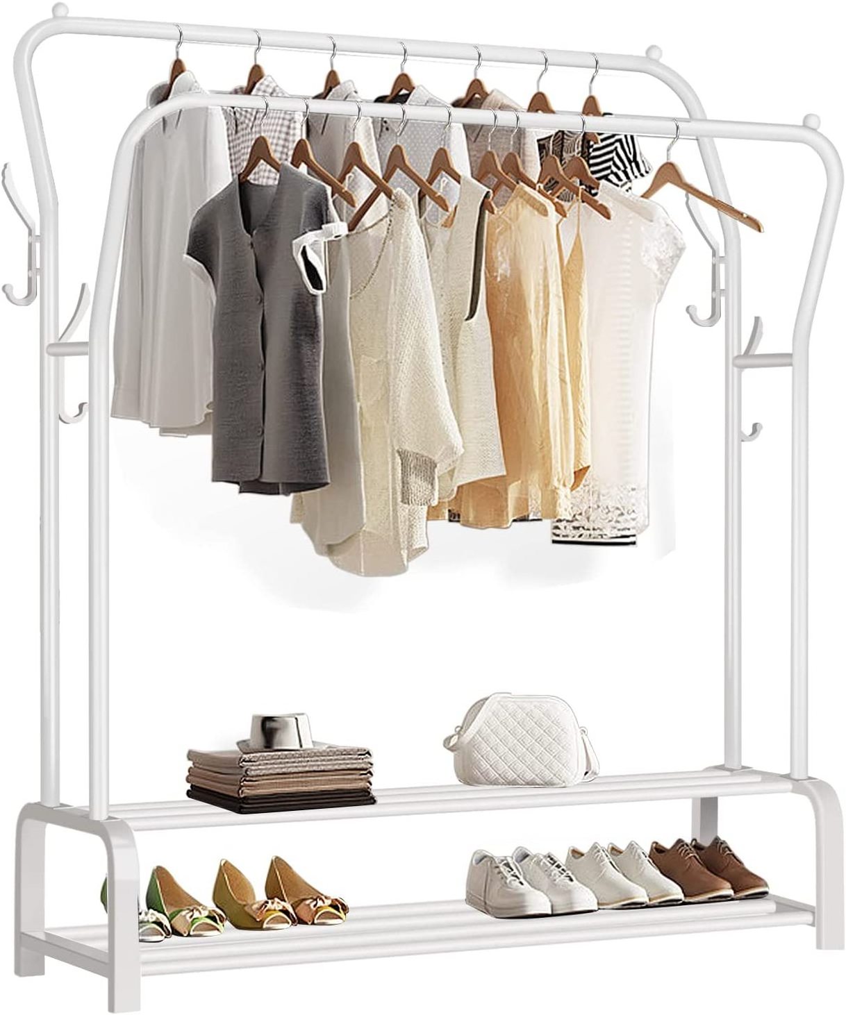 Metal Garment Rack Freestanding Hanger Double Rails, Heavy Duty Drying Rack with 2-Tier Lower Storage Shelf