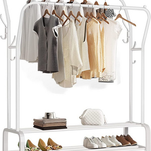 Metal Garment Rack Freestanding Hanger Double Rails, Heavy Duty Drying Rack with 2-Tier Lower Storage Shelf