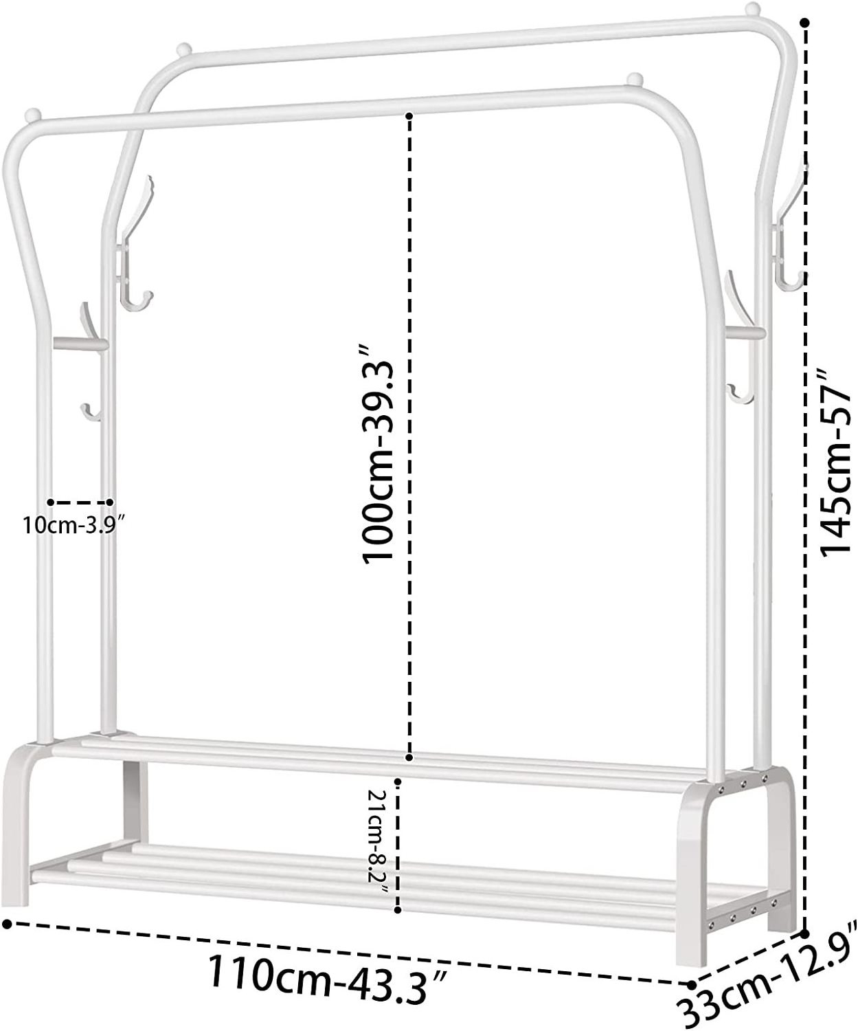 Metal Garment Rack Freestanding Hanger Double Rails, Heavy Duty Drying Rack with 2-Tier Lower Storage Shelf