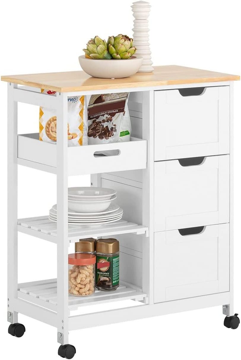 Kitchen Cart, Kitchen Storage Trolley, Rolling Kitchen Island with Open Storage Shelf and 3 Drawers