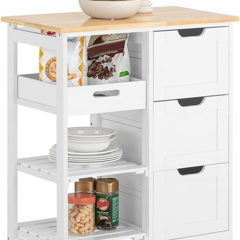 Kitchen Cart, Kitchen Storage Trolley, Rolling Kitchen Island with Open Storage Shelf and 3 Drawers