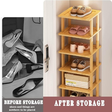 Tall Narrow Shoe Rack Organizer Bamboo Board Wood Shoe Rack Storage For Small Spaces