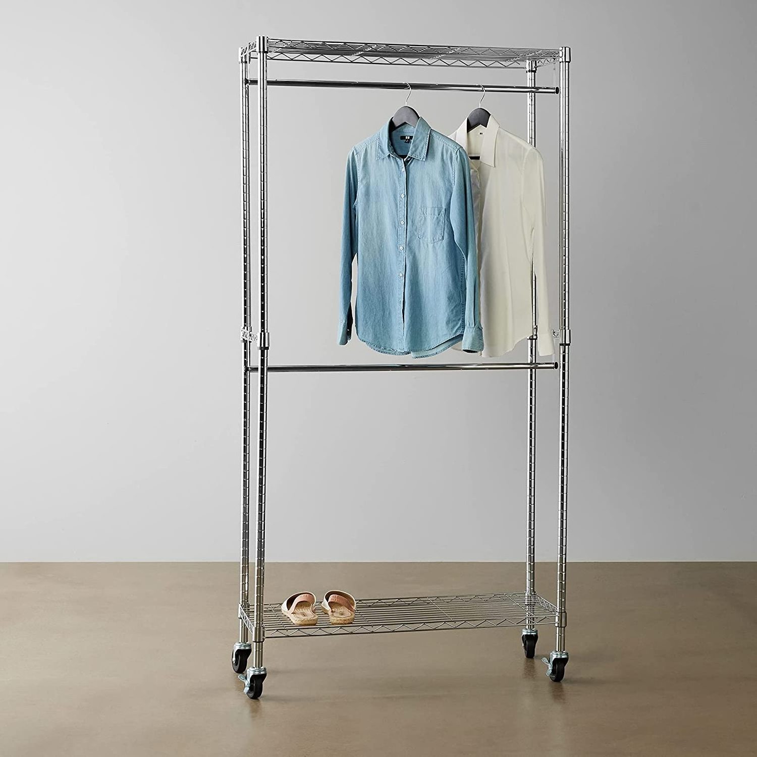 Double Rod Garment Rack / Clothes Rail with Height-Adjustable Shelves - 181kg Max Weight, Chrome