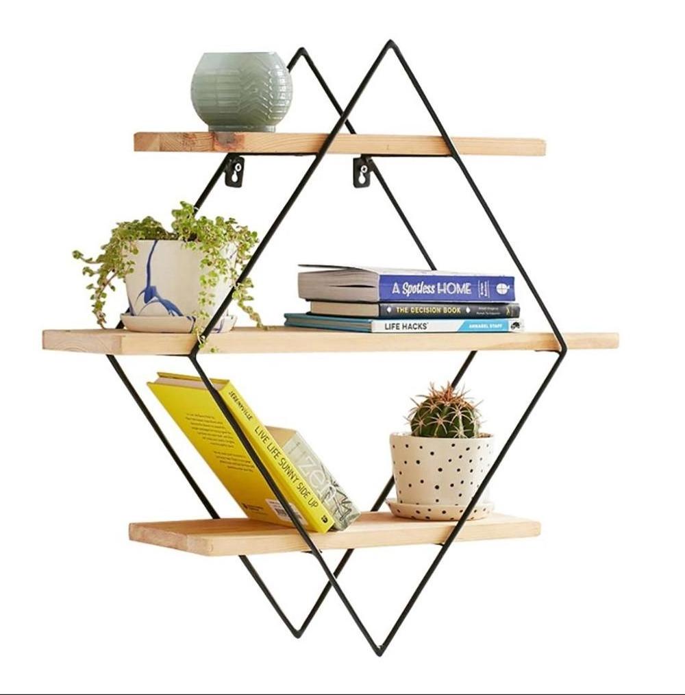 Latest Style Rhombus Clapboard Iron Wooden Storage Display Floating wall Shelf 3 Tiers