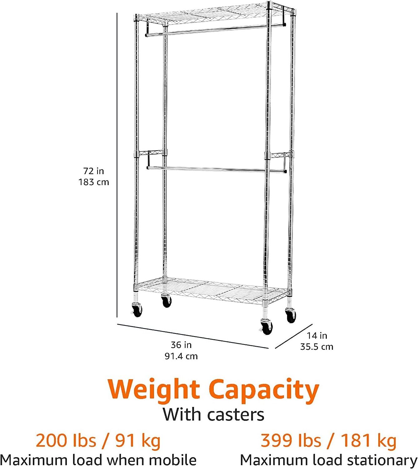 Double Rod Garment Rack / Clothes Rail with Height-Adjustable Shelves - 181kg Max Weight, Chrome