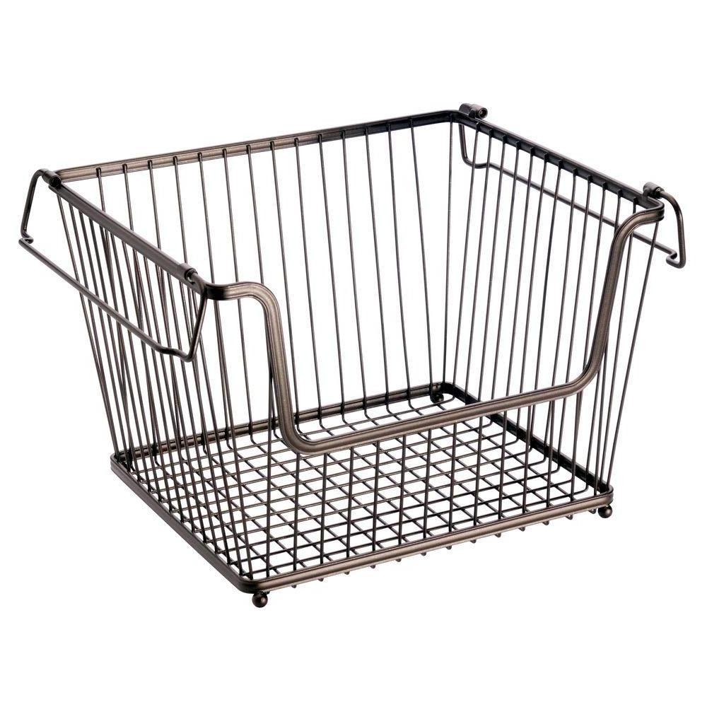 Modern Stackable Metal Storage Organizer Bin Basket with Handles, Open Front for Kitchen Cabinets, Pantry, Closets, Bedrooms