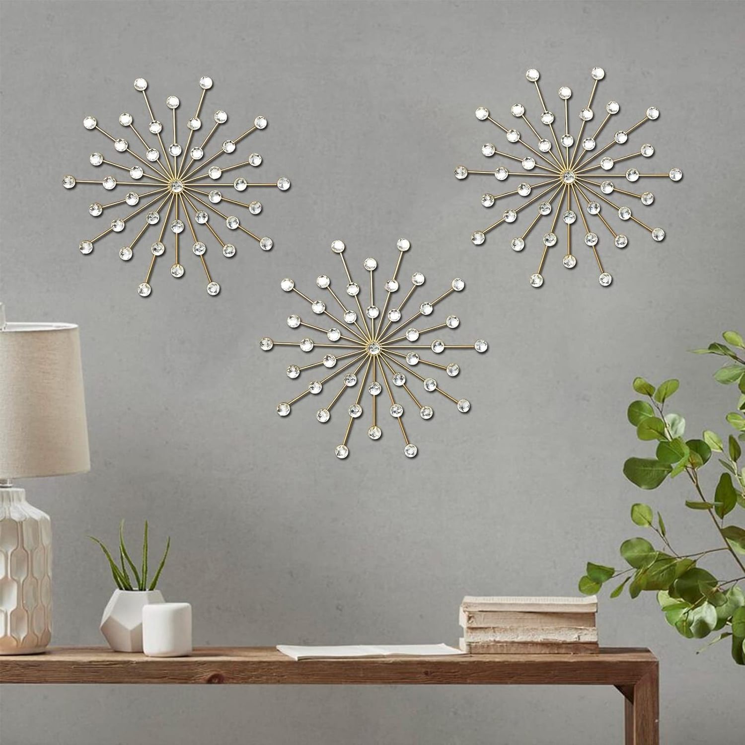 3 Set Gold Metal Jeweled Wall Art Bling Crystal Home Decor Starburst Rhinestone Wall Hanging Diamond Accents