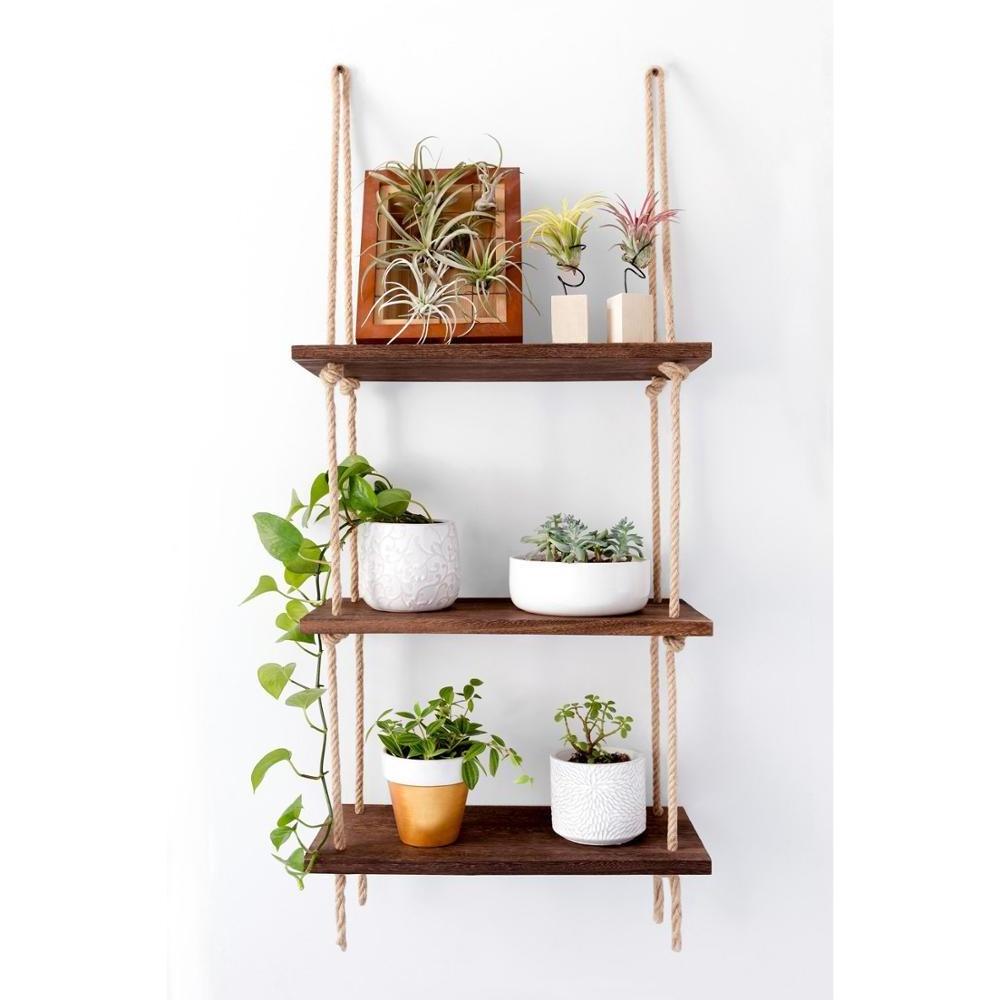 Wood Hanging Shelf Wall Swing Storage Shelves 3 Tier Jute Rope Organizer hanging wood shelf rope tier