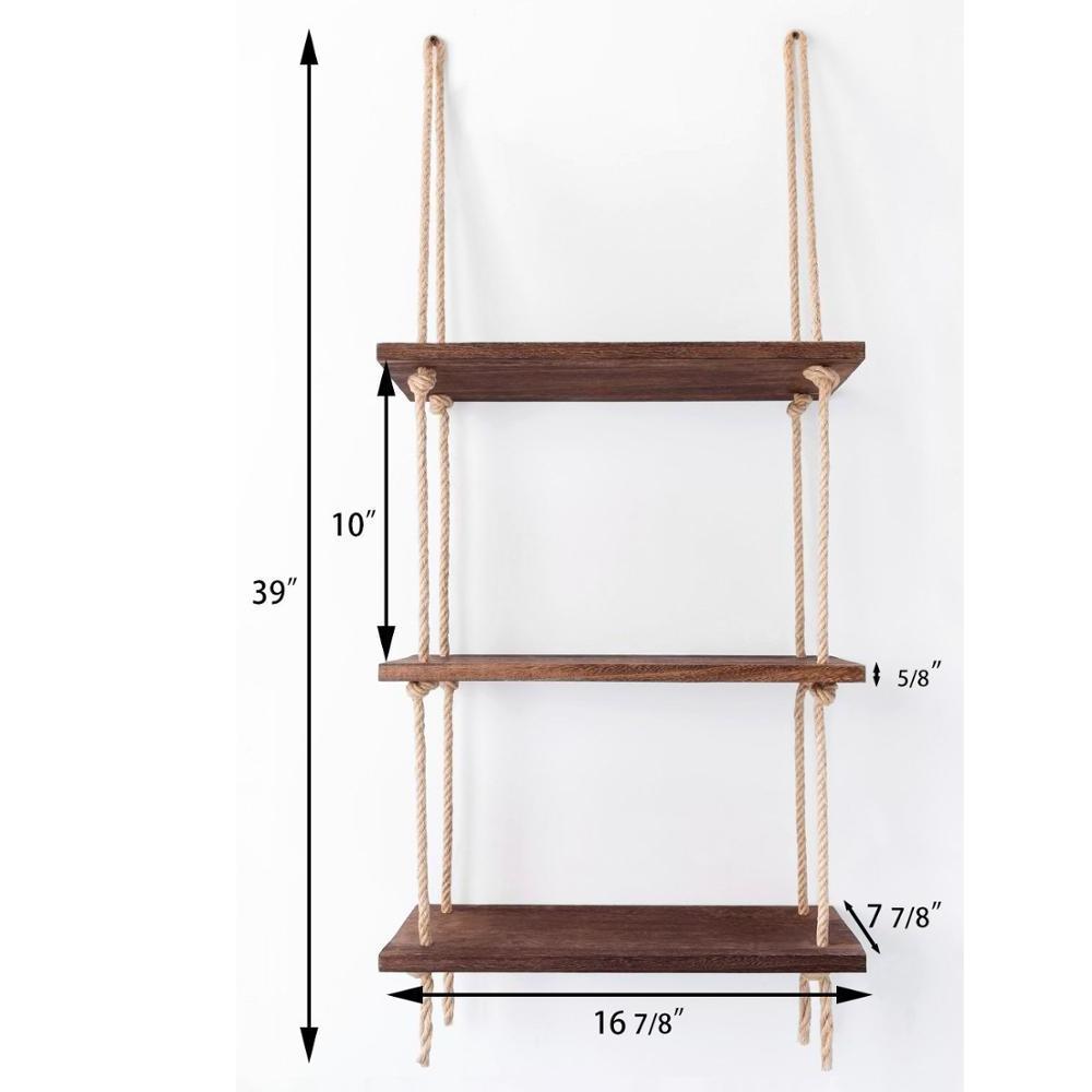 Wood Hanging Shelf Wall Swing Storage Shelves 3 Tier Jute Rope Organizer hanging wood shelf rope tier