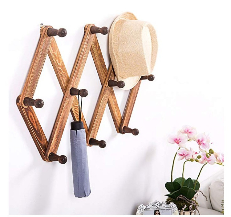 10 Hook Burnt Wood Wall Mounted Expandable Accordion Peg Coat Rack Hanger