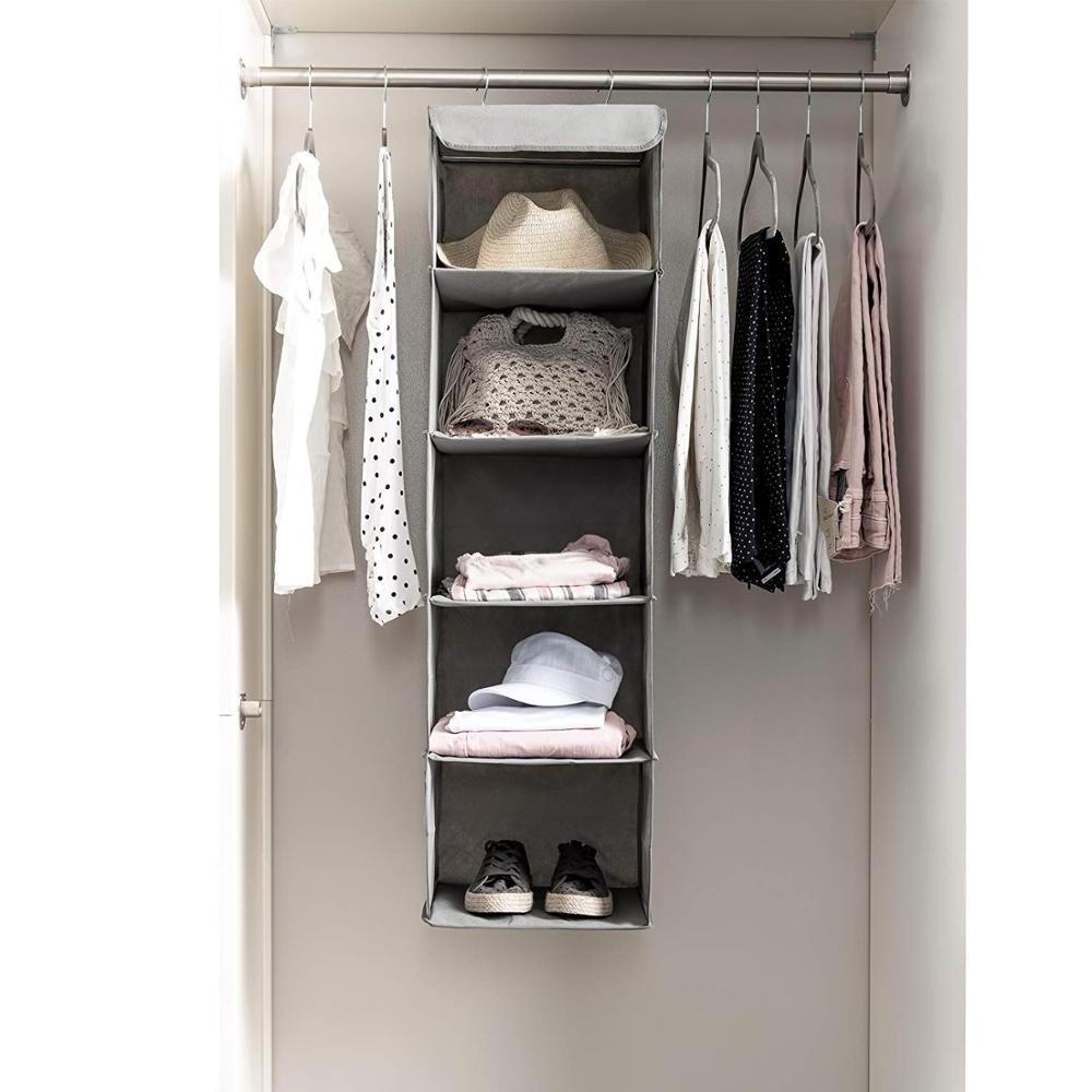 5 Shelf Hanging Closet Organizer Space Saver With Side Accessories Pockets And 2 Sturdy Hooks For Clothes Storage And Shoes Etc.