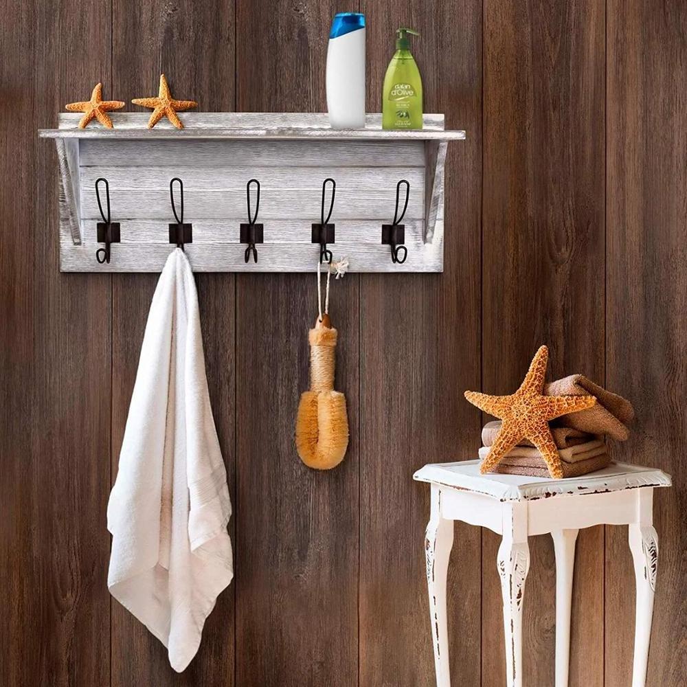 Rustic Wall Mounted Coat Rack Shelf - Wooden Country Style 24