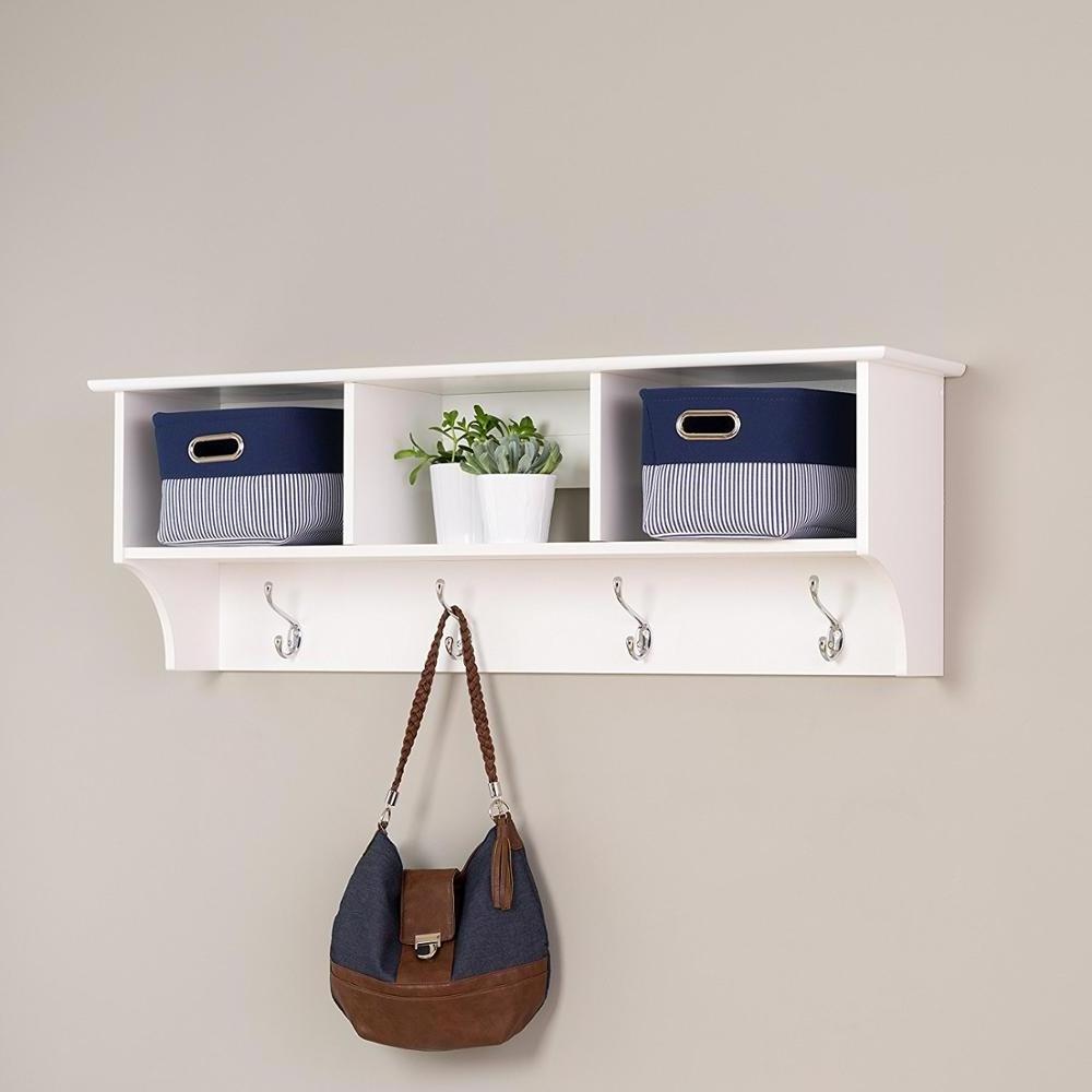 Hot Sale MDF Material White Wooden Hanging Entryway Wall Shelf With Hooks Wall Mount Clothes Hooks