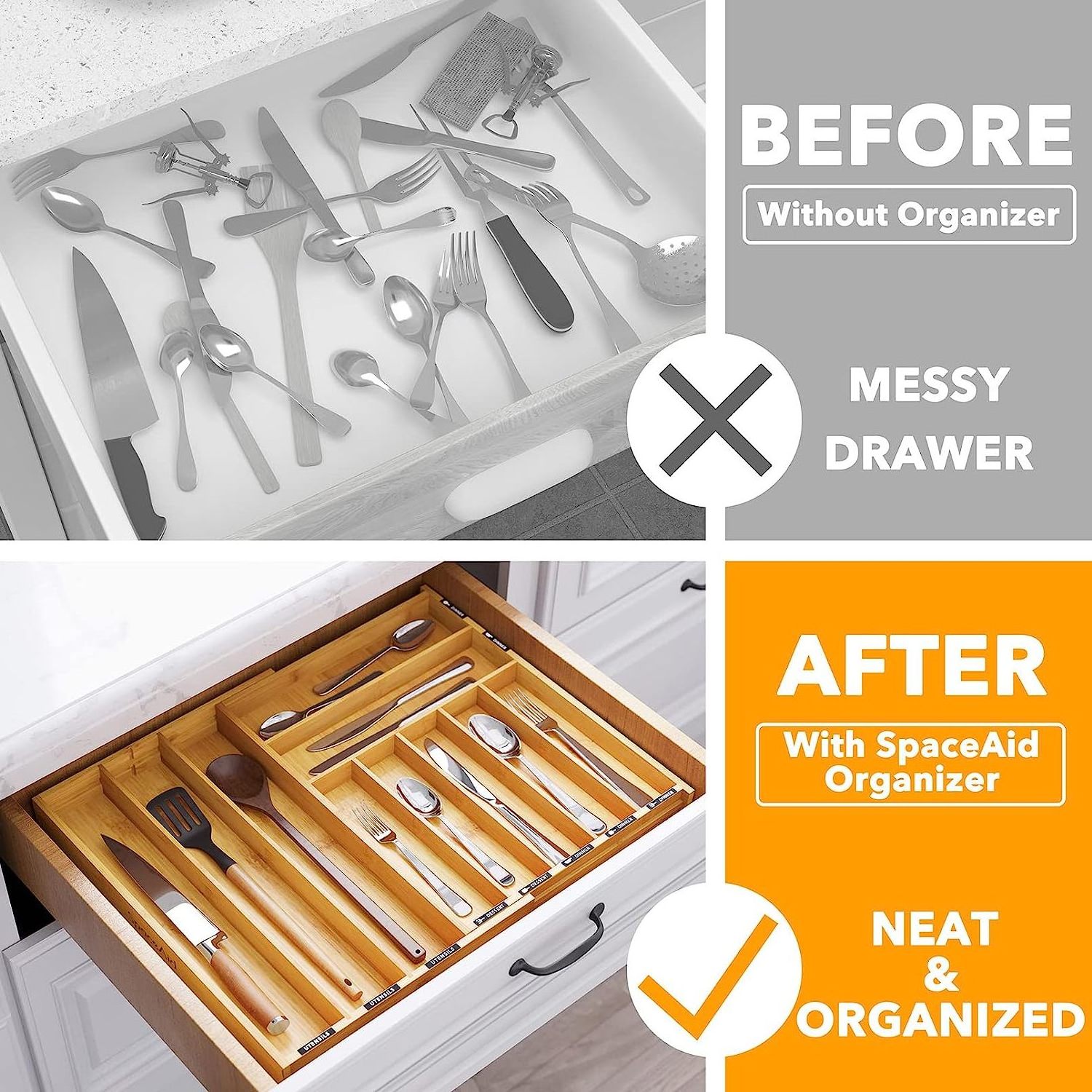 Kitchen Drawer Organizer Silverware Organizer Luxury Wood Utensil Cutlery Tray with Dividers