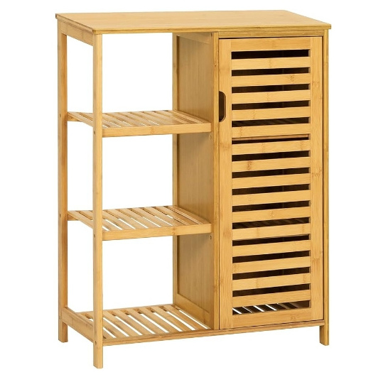 Bathroom Freestanding Floor Cabinet Bamboo Wooden Storage Organizer With Doors And 3 Side Shelves