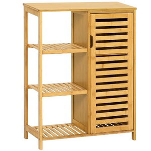 Bathroom Freestanding Floor Cabinet Bamboo Wooden Storage Organizer With Doors And 3 Side Shelves