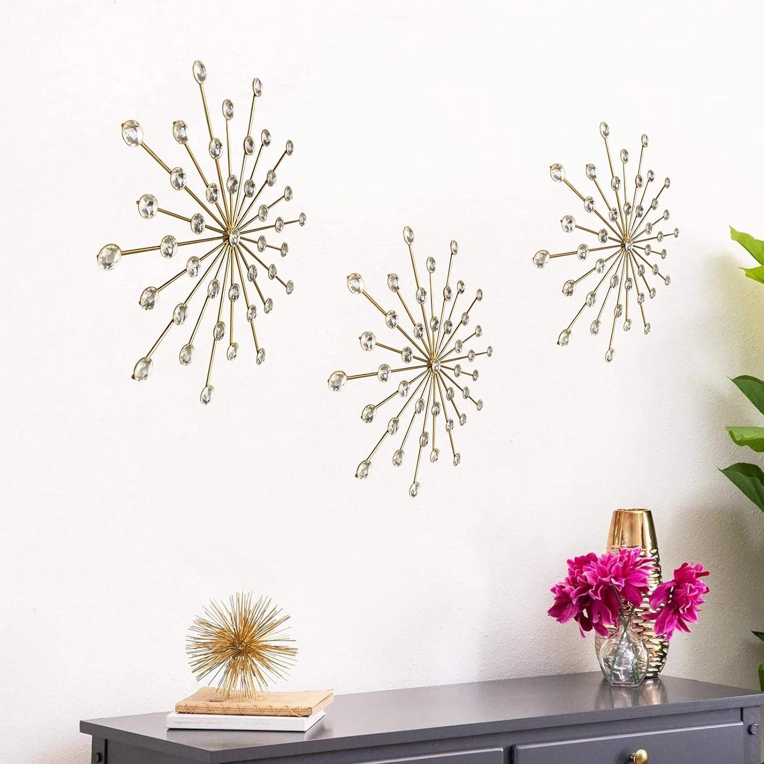 3 Set Gold Metal Jeweled Wall Art Bling Crystal Home Decor Starburst Rhinestone Wall Hanging Diamond Accents