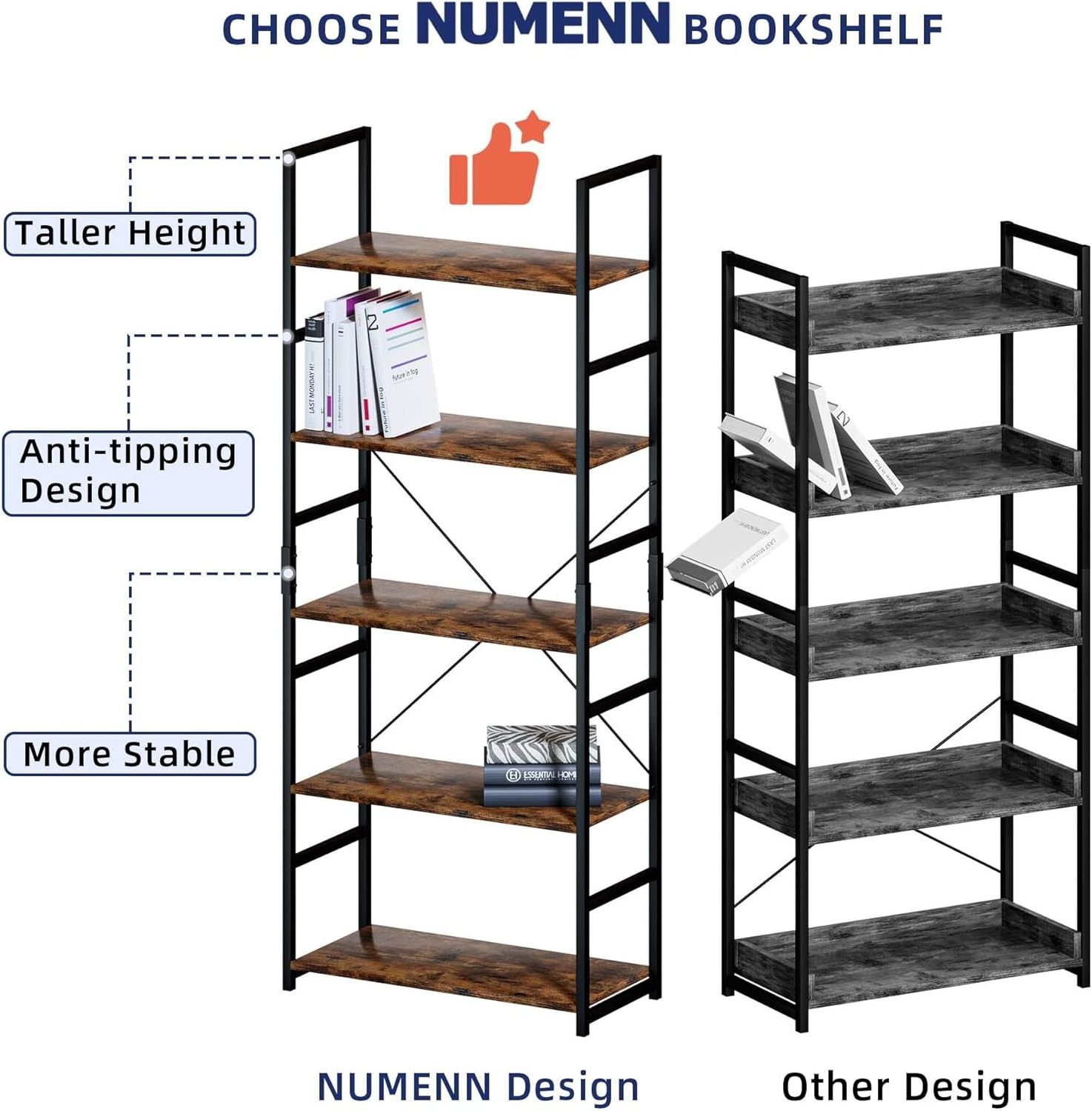 Bookshelf Tall Bookcase Shelf Storage Organizer Modern Book Shelf for Bedroom, Living Room and Home Office, Vintage