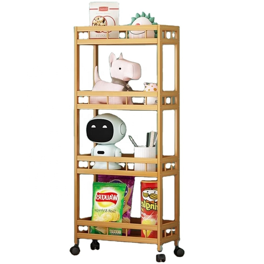 4-Tier Bamboo Rolling Carts Easy Assemble Storage Organizer Fruit Vegetable Rotating Baskets With Rolling Wheels