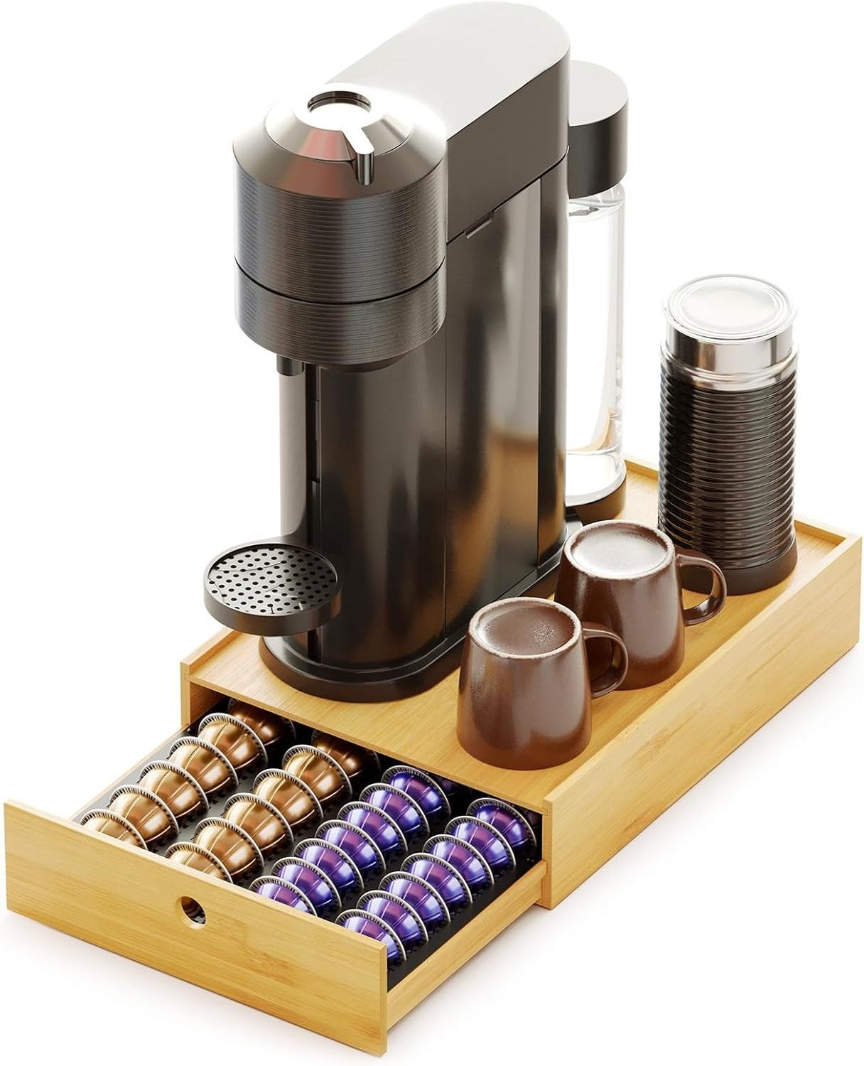 Bamboo Coffee Pod Holder Drawer Storage for Nespresso Vertuo Capsule, Pods Holder Organizer Tray for Nespresso Vertuo Holders