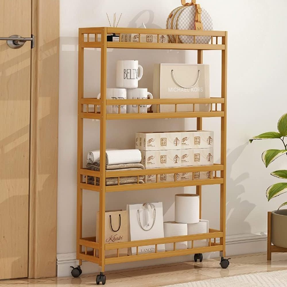 4-Tier Bamboo Rolling Carts Easy Assemble Storage Organizer Fruit Vegetable Rotating Baskets With Rolling Wheels