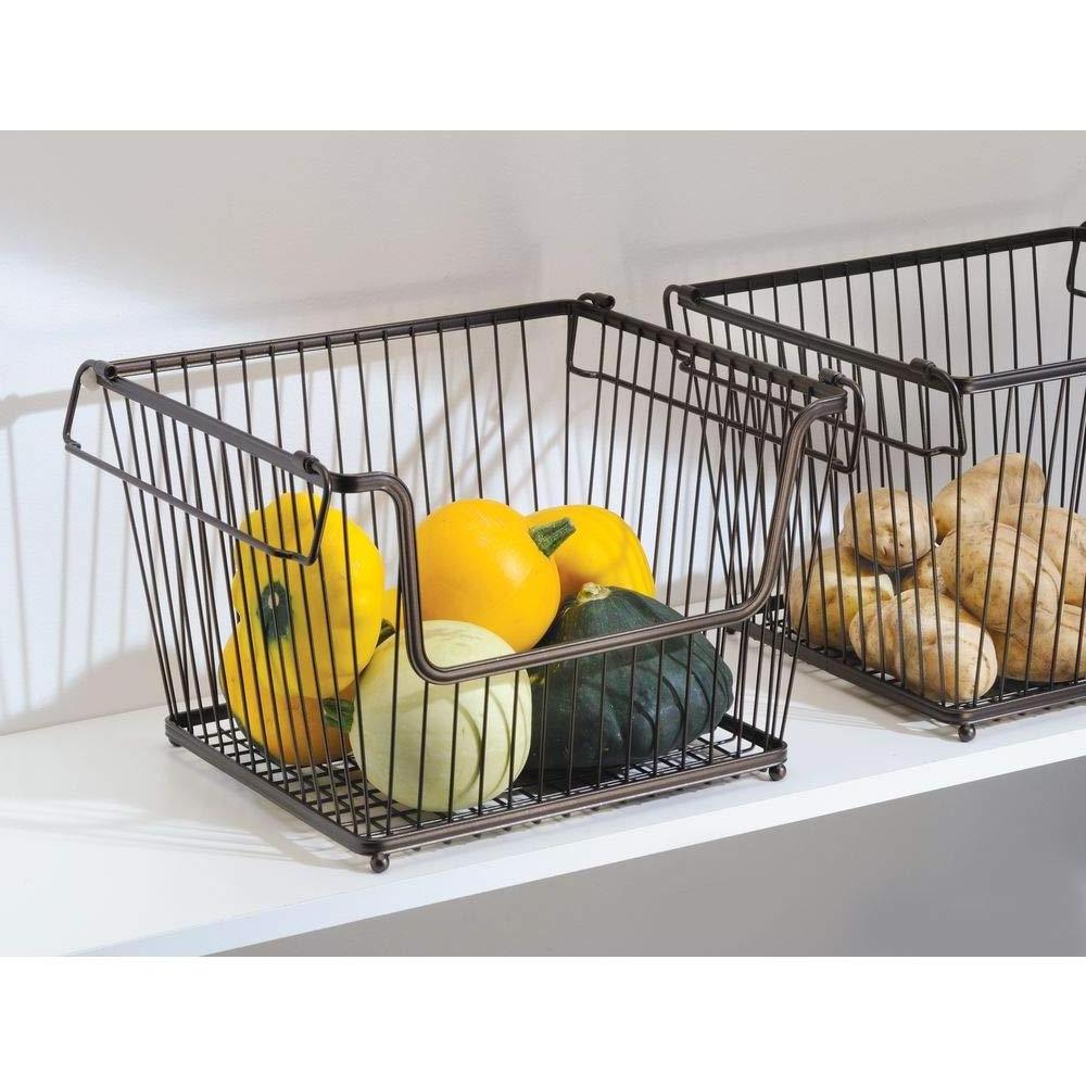 Modern Stackable Metal Storage Organizer Bin Basket with Handles, Open Front for Kitchen Cabinets, Pantry, Closets, Bedrooms