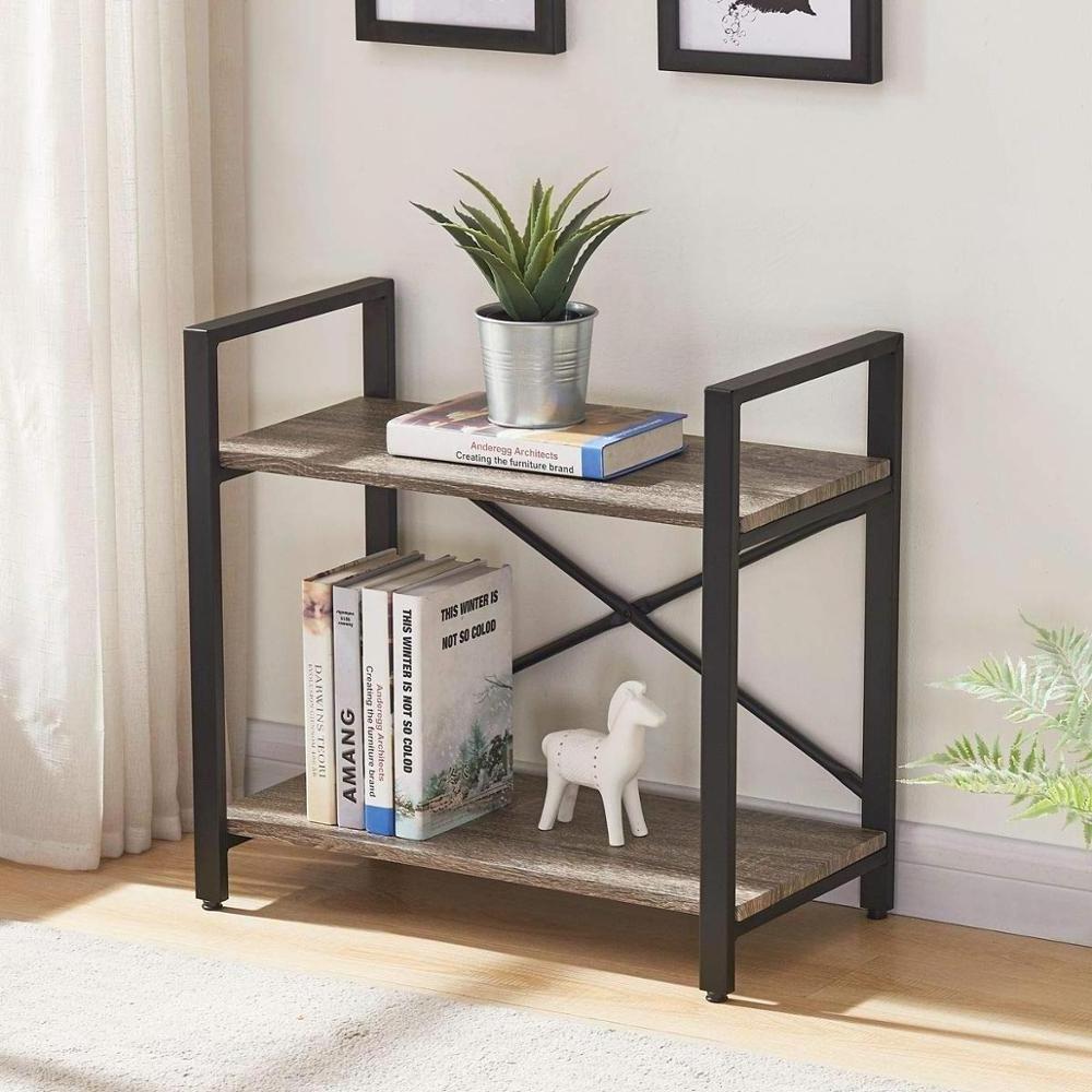 Industrial Shelving Unit 2 Shelf Low Metal Bookcase Small Bookshelf for Small Space