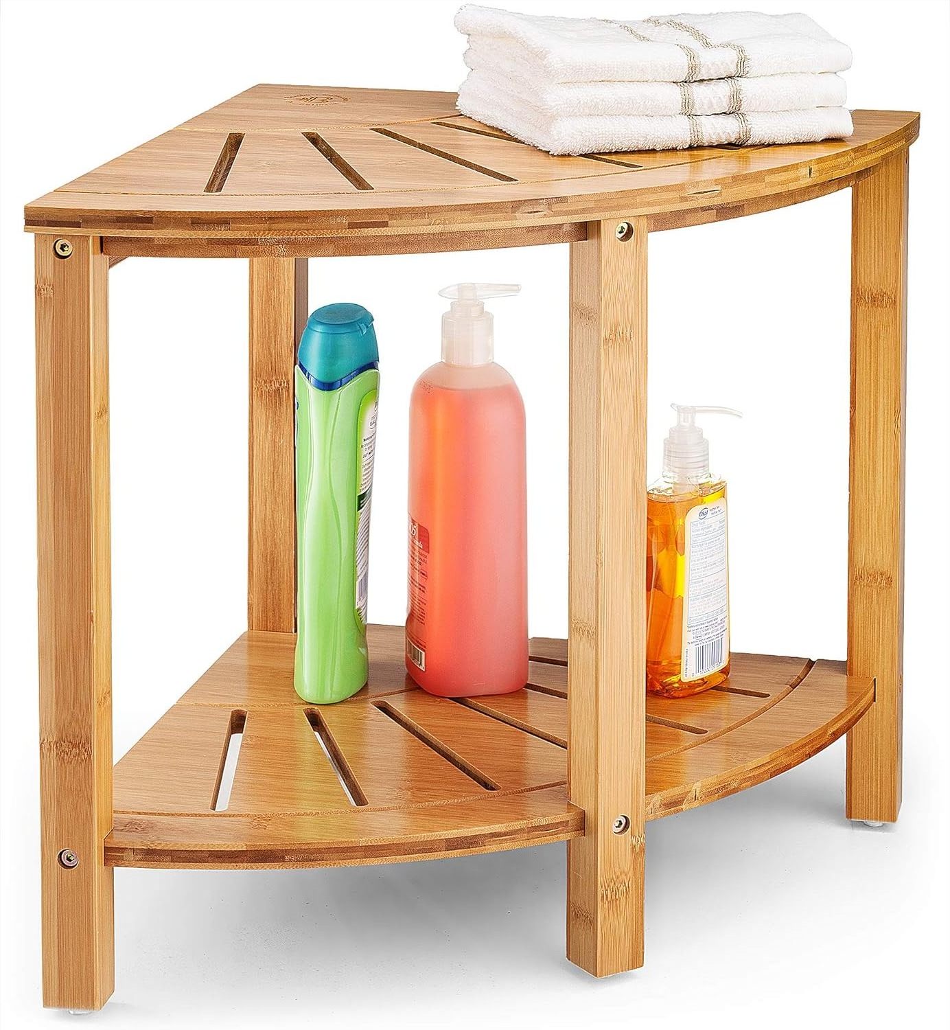 Bamboo Wood Bamboo Corner Shower Bench Spa 2-Tier Storage Shower Bench With Shelf