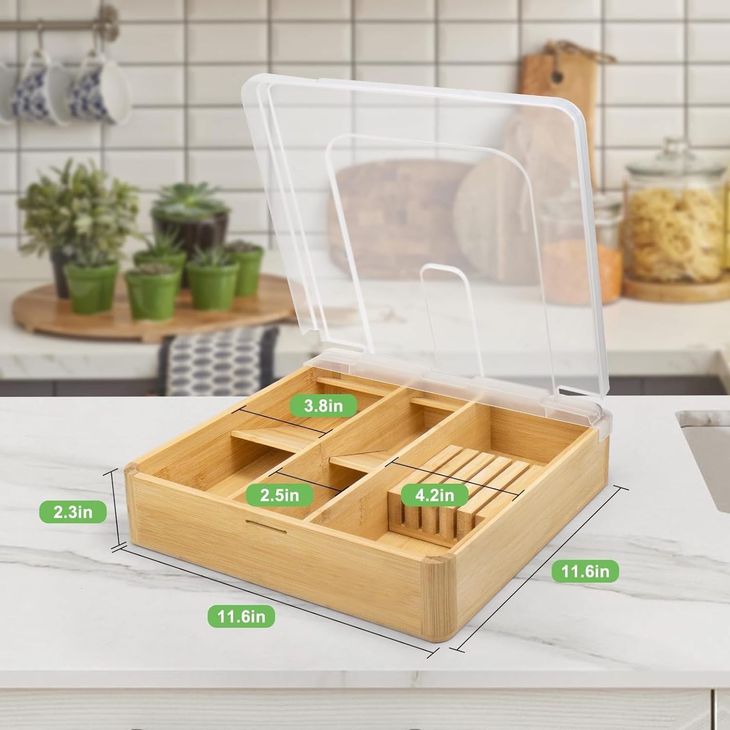 Storage Bamboo Cutlery Tray Compact Bamboo Utensil Organizer Bamboo Silverware Tray With Lid