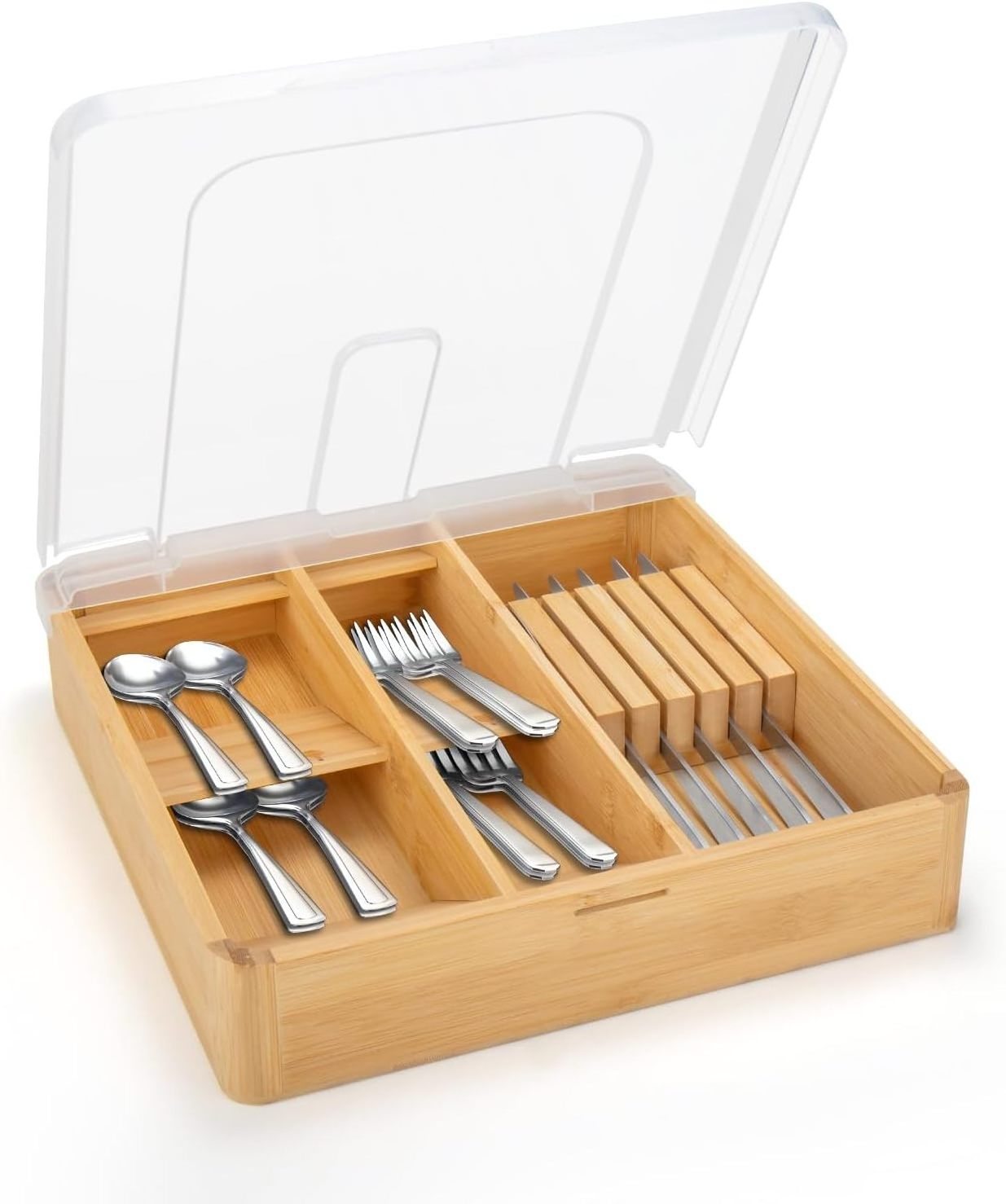 Storage Bamboo Cutlery Tray Compact Bamboo Utensil Organizer Bamboo Silverware Tray With Lid