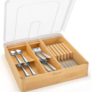 Storage Bamboo Cutlery Tray Compact Bamboo Utensil Organizer Bamboo Silverware Tray With Lid