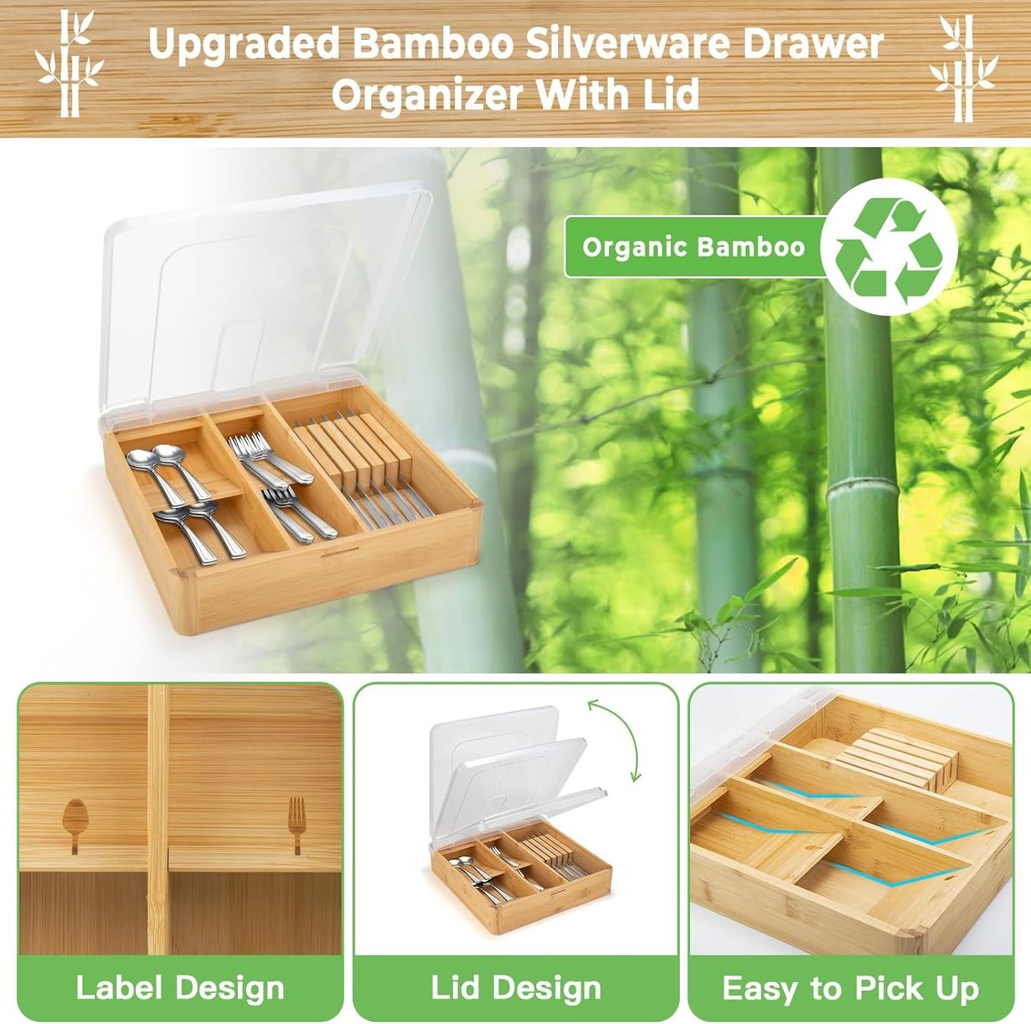 Storage Bamboo Cutlery Tray Compact Bamboo Utensil Organizer Bamboo Silverware Tray With Lid