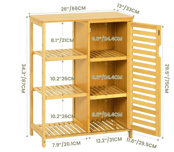 Bathroom Freestanding Floor Cabinet Bamboo Wooden Storage Organizer With Doors And 3 Side Shelves