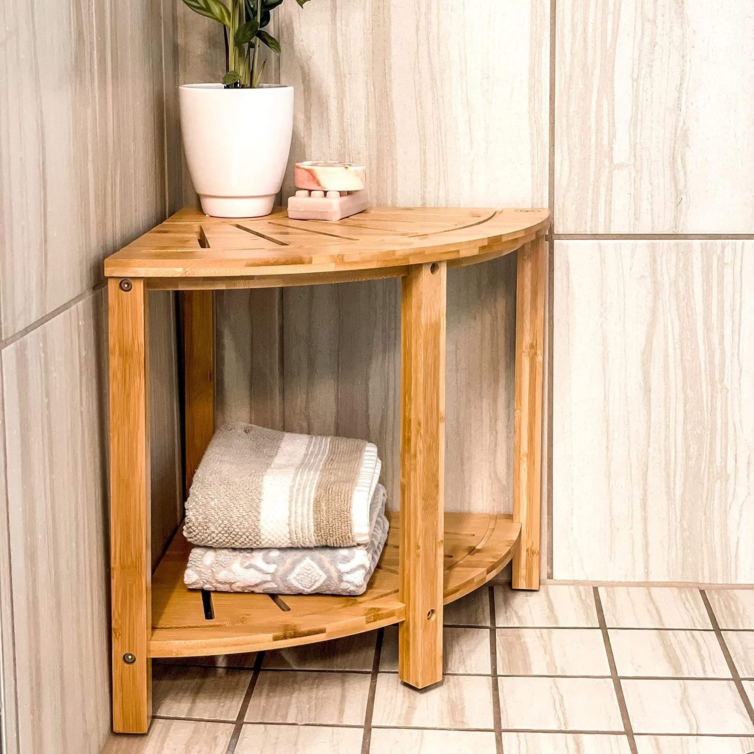 Bamboo Wood Bamboo Corner Shower Bench Spa 2-Tier Storage Shower Bench With Shelf