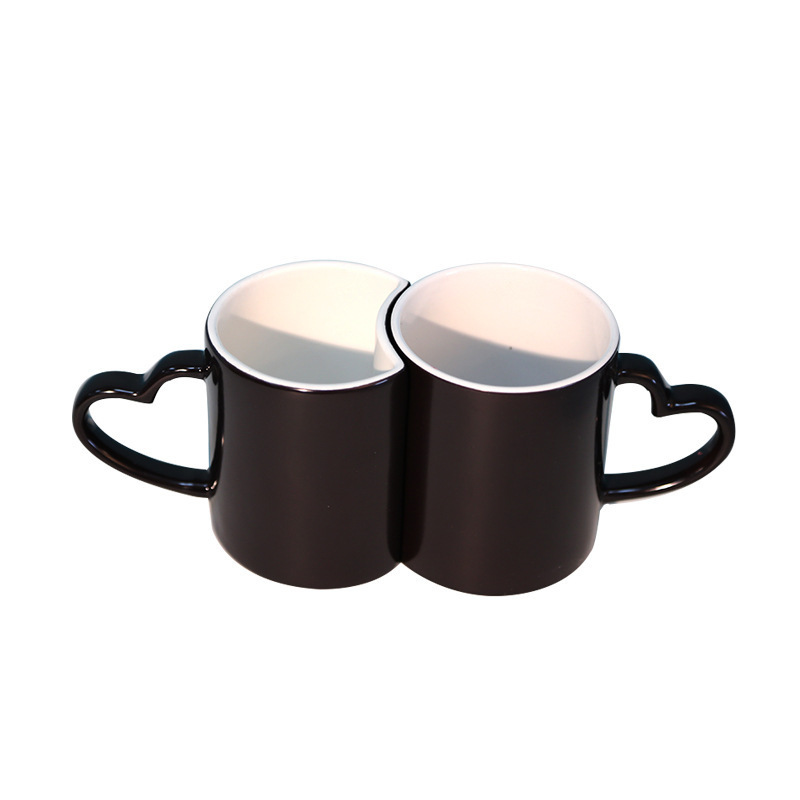 C03 Sublimation blanks Couple Color Change Coffee Mug Heart Handle Magic Couple Cup