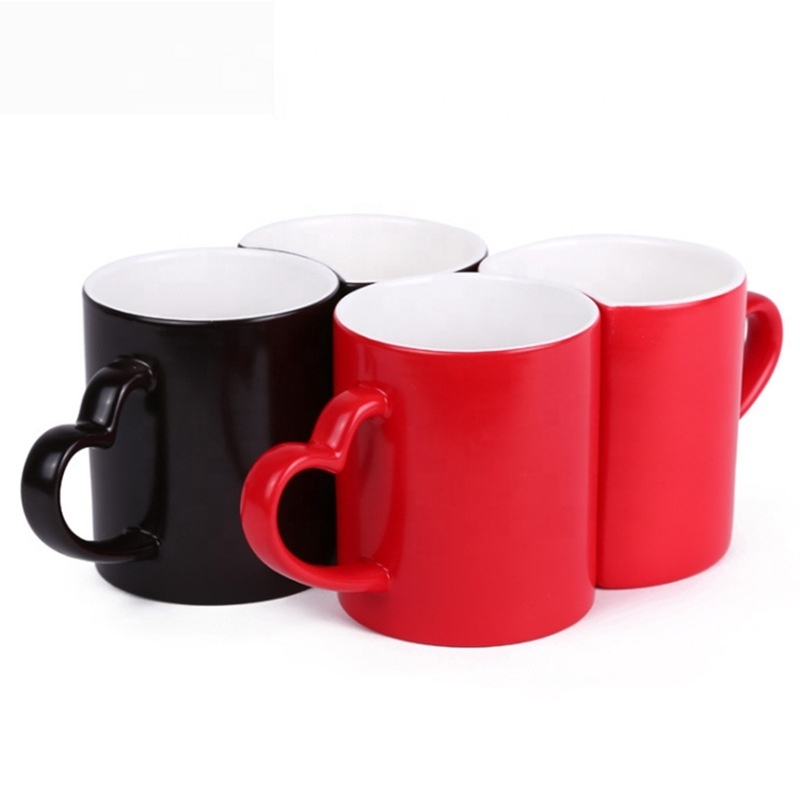 C03 Sublimation blanks Couple Color Change Coffee Mug Heart Handle Magic Couple Cup