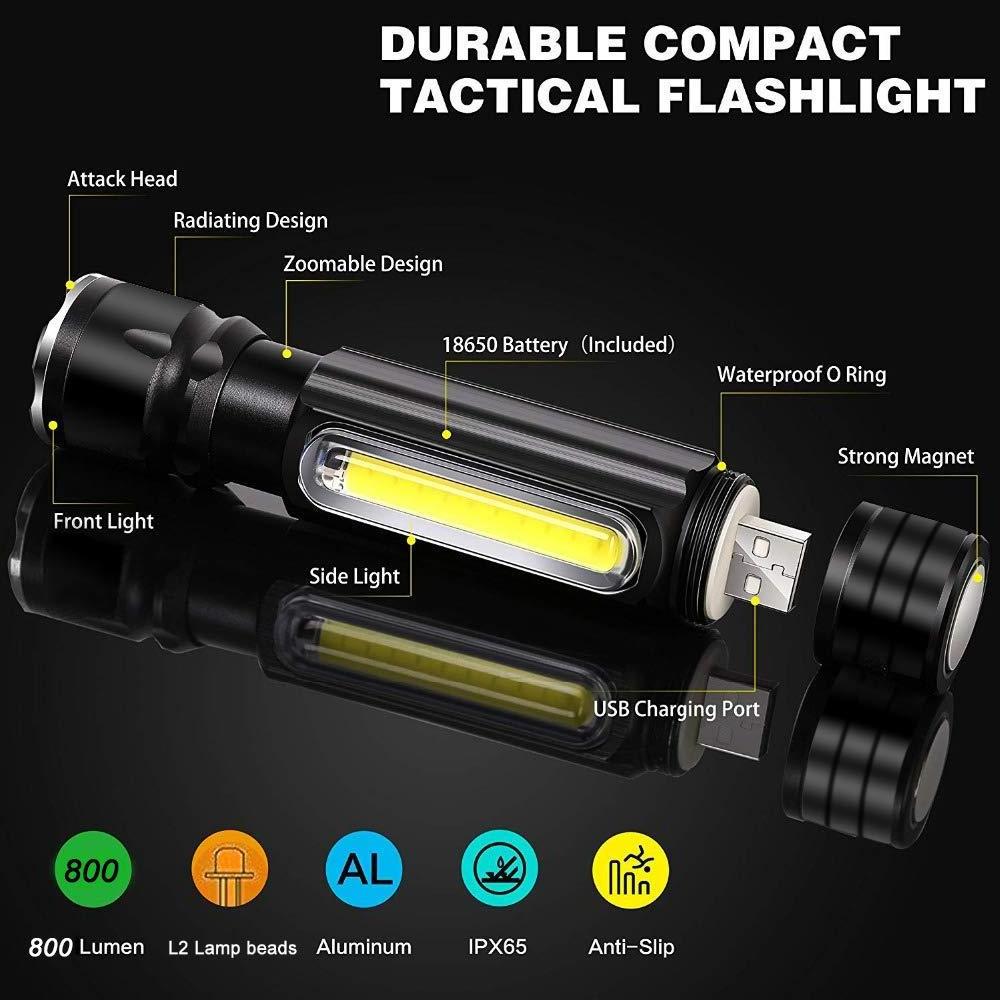 USB Rechargeable Flashlight, Super Bright Led Flashlight with COB Light, USB Flashlight, Zoomable, 800 Lumens LED